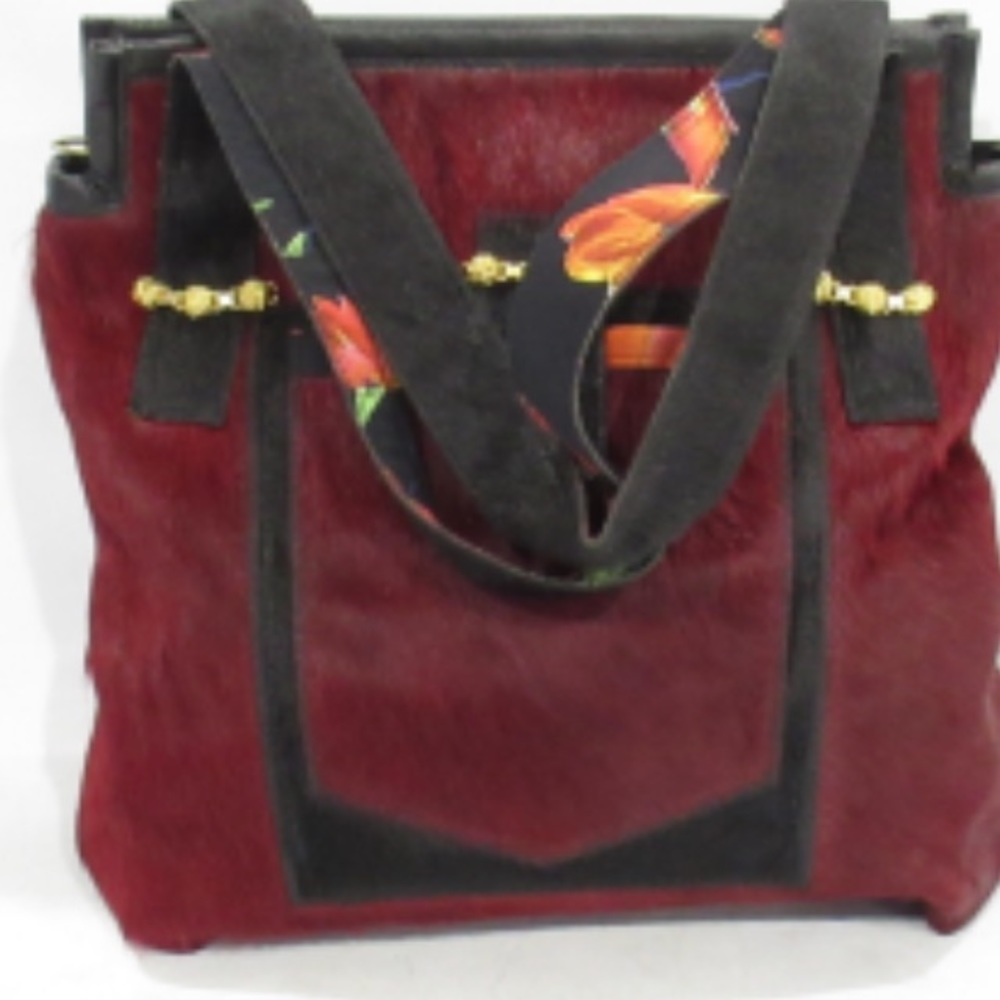 Handcrafted Faux Horsehair Tote 15x15x5” Red Goldtone Floral Fabric Lining